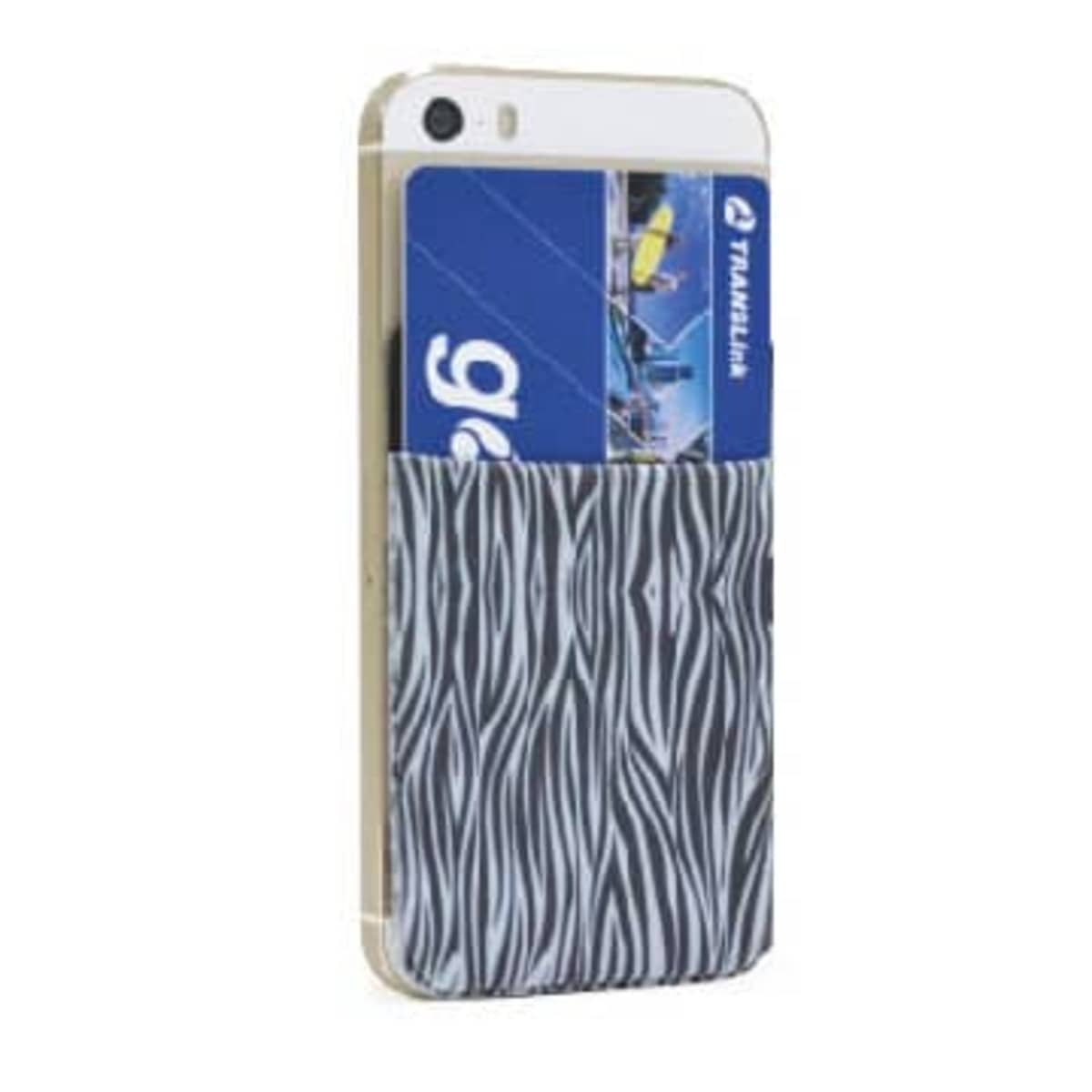 A smartphone with a zebra-patterned card holder attached to the back, holding a blue card with logos and text partially visible. The phone is facing upward, showcasing the card holder design.