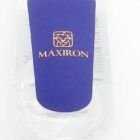 A transparent hand sanitizer bottle with a blue label featuring a gold logo and the text MAXIRON. The bottle has a flip-top cap, and a silver carabiner clip is attached to the top.