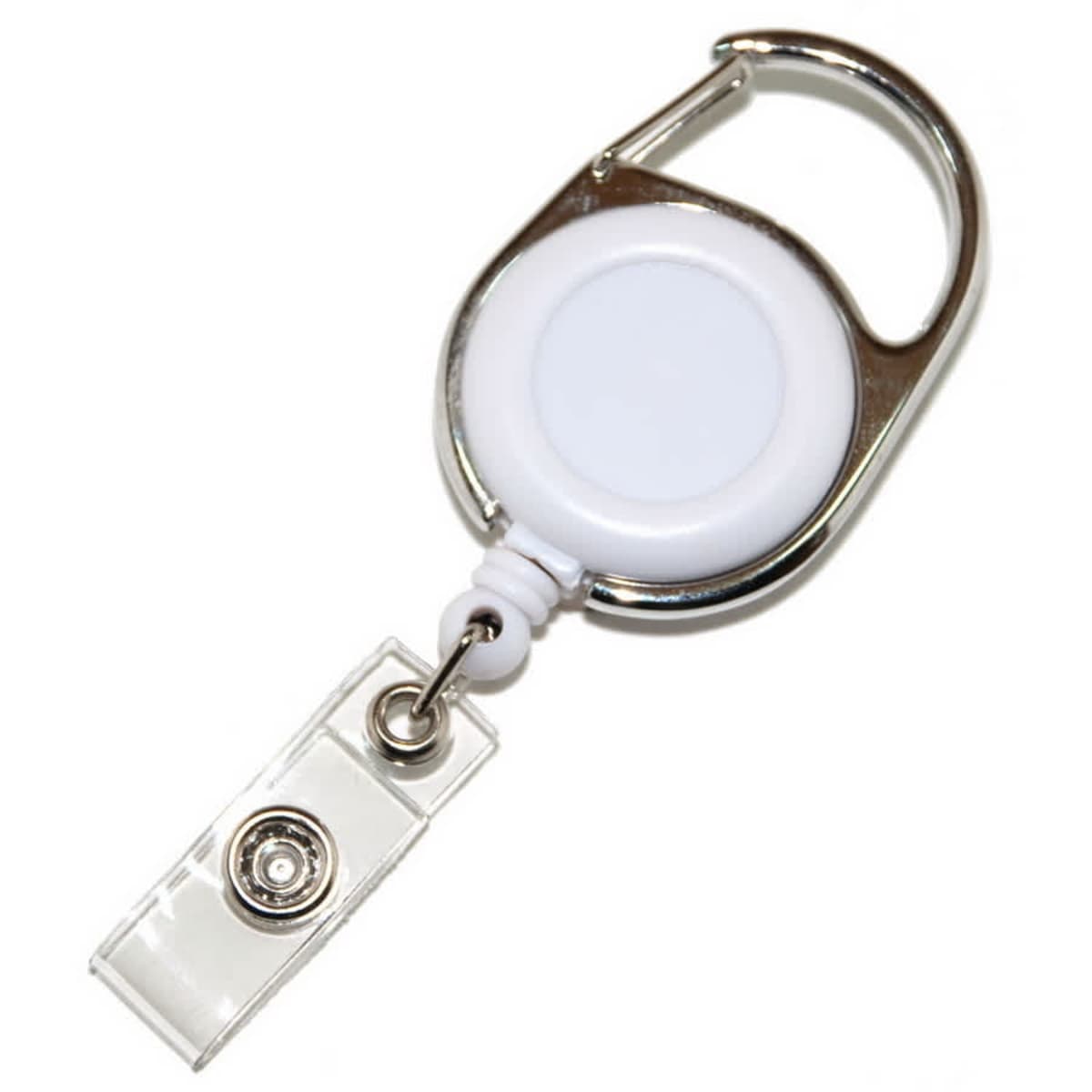A silver retractable badge reel with a white circular center and a clear plastic strap ending in a metal snap button. It features a carabiner clip at the top for easy attachment.
