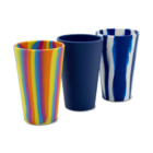 Three colorful tumblers: one striped rainbow, one solid blue, one blue and white striped.