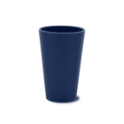 A plain, dark blue cup standing upright on a white background.