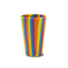 A colorful cup with vertical rainbow stripes on a white background.