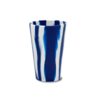 Tall cup with vertical blue and white stripes on a plain white background.