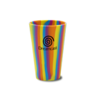 Colorful striped cup with the Dreamcast logo printed on it.