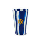 Tall cup with blue and white stripes and a yellow basketball logo on the front.