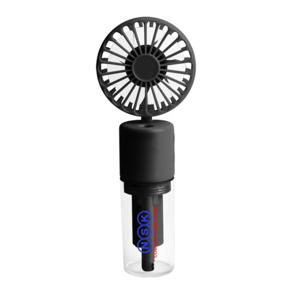 A compact black fan mounted on top of a transparent bottle, with the letters NSK in blue and red printed on it. The fan has a series of evenly spaced blades inside a circular frame.