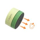 A cylindrical, green and beige device labeled FLEXO with an illustration of a magnet and three orange arrows pointing outward, indicating magnetic functionality. The background is plain white.