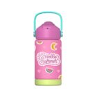 A vibrant pink water bottle with a green base, featuring cheerful fruit illustrations and the phrase Hello Summer. The bottle has a teal handle and heart-shaped patterns, creating a playful and summery design.