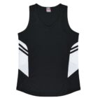 A black sleeveless athletic tank top with white geometric patterns on the sides and a V-neck.
