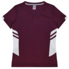 A maroon V-neck sports jersey with short sleeves. The jersey features white side panels with two horizontal stripes on each side.