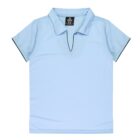 A light blue short-sleeved shirt with a collared v-neck design. The shirt has a black label near the neckline inside, and the sleeves are trimmed with a thin black edge. The fabric appears smooth and slightly glossy.