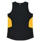 A black athletic tank top featuring bright yellow panels on the sides. The sleeveless design and lightweight fabric make it suitable for sports or exercise. The back view shows a round neckline and a slightly curved hem.