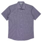 A short-sleeve, button-up shirt with a small checkered pattern in shades of purple and white. The shirt features a single chest pocket and a collar.