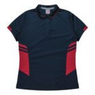 A short-sleeve polo shirt with a dark blue base color. The shirt features red accents on the shoulders, sides, and collar. There are button closures on the front. The fabric appears smooth and sporty.