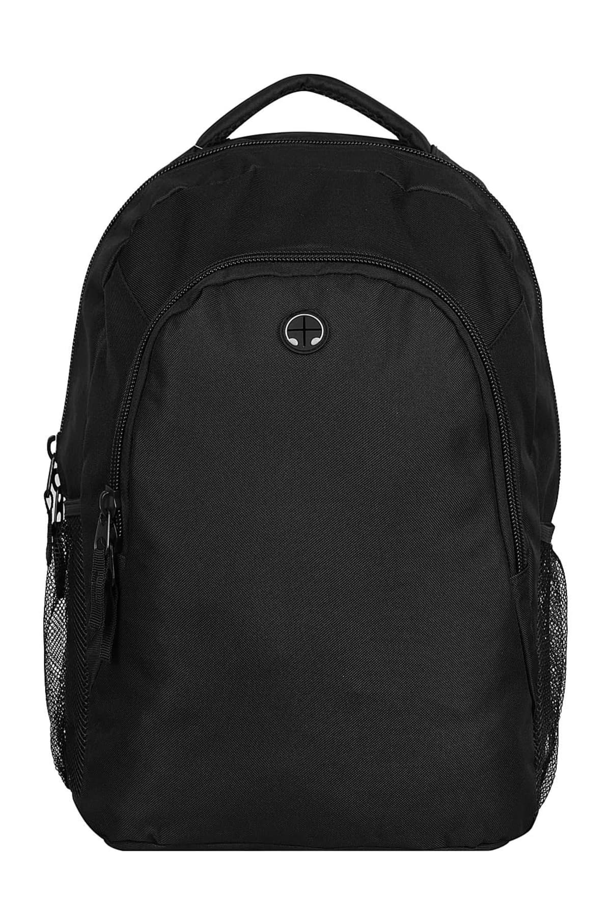 A black backpack with a top handle and two zippered compartments. It has mesh pockets on each side and a circular logo on the front.