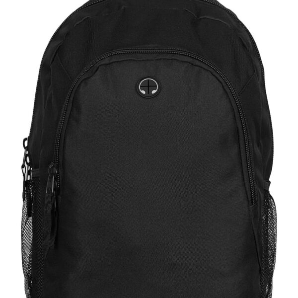 A black backpack with a simple, sleek design. It features a front zipper pocket, main compartment, side mesh pockets, and a top handle. The backpack appears to be made from a durable material.