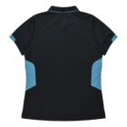 A short-sleeved black polo shirt with a blue collar and blue accents on the sides and sleeves, viewed from the back.