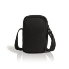 A small, rectangular black crossbody bag with a front zipper compartment and an adjustable strap, displayed against a white background.