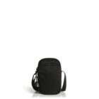 A simple black crossbody bag with a long strap, featuring a main zippered compartment and a smaller front pocket, placed against a white background.