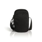 A small black crossbody bag with a single zippered compartment and an adjustable shoulder strap. The bag is set against a white background.
