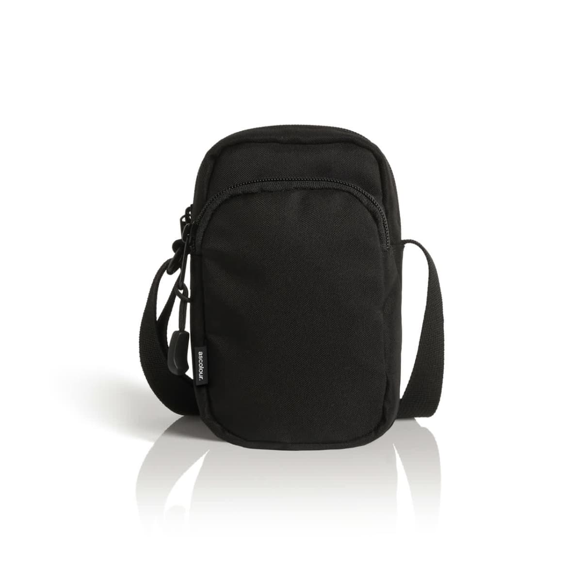 A small black crossbody bag with a single zippered compartment and an adjustable shoulder strap. The bag is set against a white background.
