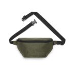 A green fabric fanny pack with a black adjustable strap and buckle. The pack has a zippered main compartment and is laid flat against a white background.