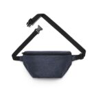 A dark blue fabric fanny pack with a black adjustable strap and a side-release buckle. The pouch features a zippered main compartment and a sleek, simple design.