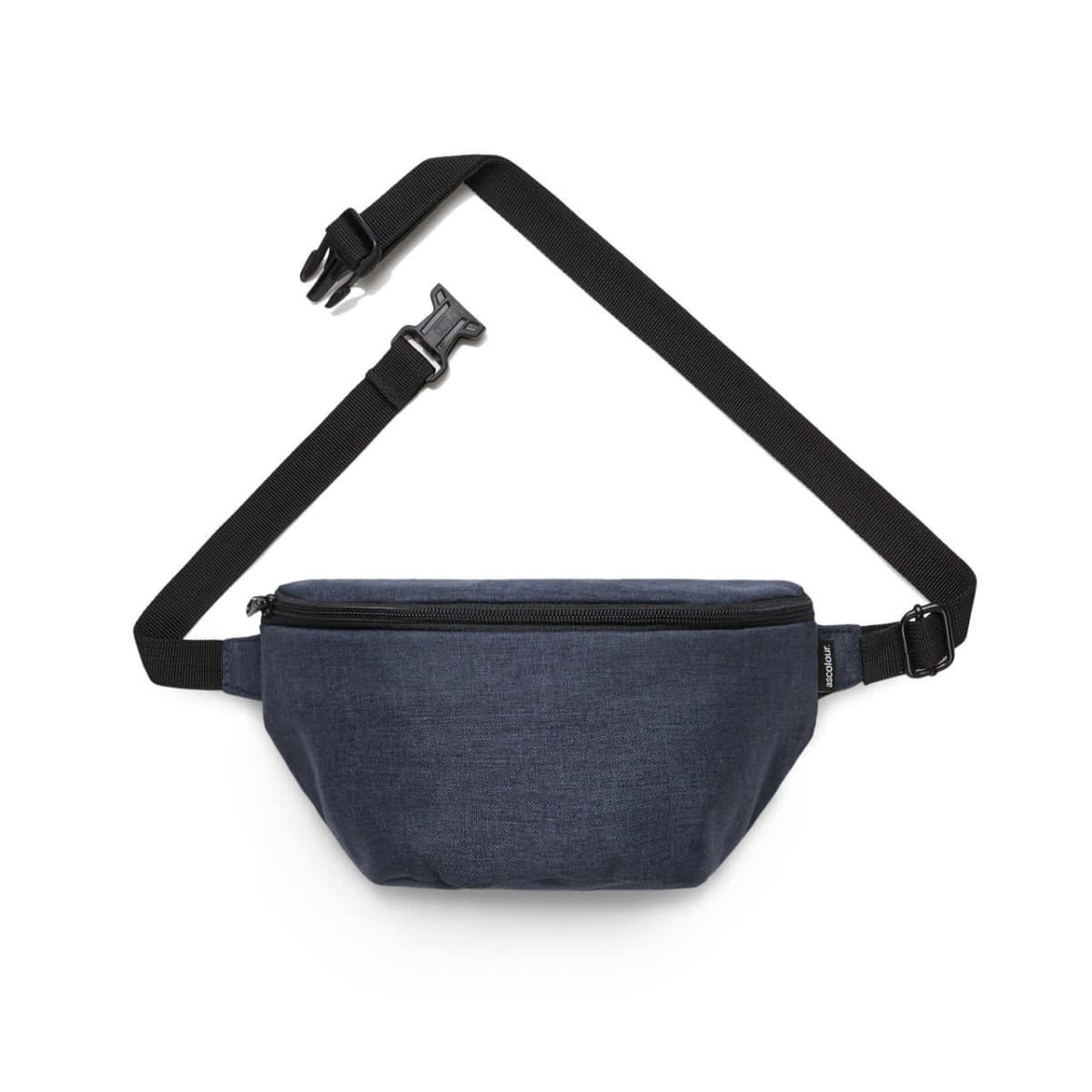 A navy blue crossbody bag with a black adjustable strap and plastic buckle. The bag has a zippered main compartment and a sleek, minimalist design.