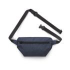A navy blue sling bag with a black adjustable strap and a black zipper on the front. The strap includes a plastic buckle for fastening. The bag is displayed flat against a white background.
