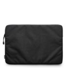 Black laptop sleeve with a minimalist design on a plain white background. The sleeve has a zipper on one side and a subtle texture, offering a sleek and professional appearance.