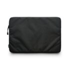 A black laptop sleeve with a zipper closure on the left side, set against a white background. The sleeve has a minimalistic design and a small tag on the left edge.