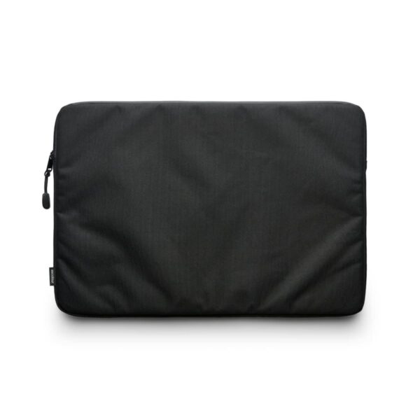 A black rectangular laptop sleeve with a zipper closure, shown against a plain white background. The surface appears smooth, and a small tag is visible on the left side.