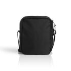A black, rectangular crossbody bag with a front zipper pocket and an adjustable strap is displayed against a white background. The minimalistic design emphasizes its simplicity and functionality.