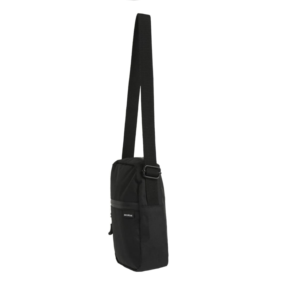 A black rectangular crossbody bag with a long adjustable strap. It features a horizontal zipper pocket on the front and seems made of a durable material, suitable for casual use.