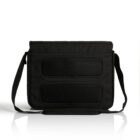 A black messenger bag with an adjustable shoulder strap displayed against a white background. The bag features two large mesh pockets on the front.
