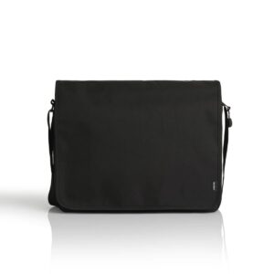 A sleek black messenger bag with a flap closure and adjustable shoulder strap, set against a white background with a subtle shadow underneath.