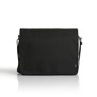 A black messenger bag with a simple and sleek design, featuring a flap closure. It has an adjustable shoulder strap and a minimalistic, unbranded look. The bag is photographed against a white background.