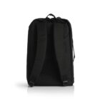 A black backpack is shown from the back, displaying two adjustable shoulder straps, a top handle, and a padded back panel. The backpack is standing upright against a white background.