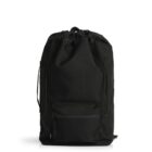 A black drawstring backpack with a front zippered pocket and adjustable straps. The material appears to be durable fabric. The background is white, showcasing the backpacks minimalist design.