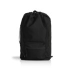 Black drawstring backpack with a front zip pocket, displayed against a white background. The bag has a simple, minimalist design.