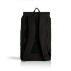 A sleek black backpack is displayed on a white background. It features padded shoulder straps and a top handle. The back panel is cushioned, providing comfort for carrying. The design is minimalistic and modern.