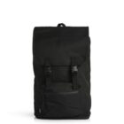 A black backpack with a flap closure featuring two adjustable buckle straps. The backpack has a front zippered pocket and a carrying handle on top, set against a plain white background.
