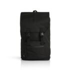 A sleek black backpack with a large flap cover featuring two buckle closures. It has a zippered front pocket and appears to be made of a smooth, durable fabric. The background is plain white, emphasizing the backpacks design.