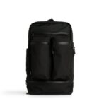 A sleek black backpack with multiple zippered compartments, including two front pockets. The design is minimalist, featuring durable fabric and a subtle handle at the top.