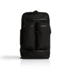 A sleek black backpack with a modern design. It features two prominent front pockets with zippers, additional side pockets, and a main compartment. The backpack is set against a white background, highlighting its minimalist style.