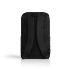 Black backpack with two padded straps and a subtle design, viewed from the back against a white background.