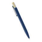 A blue pen with a sleek design, featuring a retractable tip and a pocket clip.
