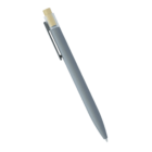 A sleek, metallic gray pen with a silver clip, featuring a white and gold button at the top. The pen is angled slightly to the right on a white background.