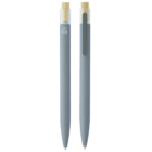 Two sleek grey pens with wooden click tops. Each pen has a transparent clip and a small recycling symbol printed near the top. The pens are aligned vertically on a white background.