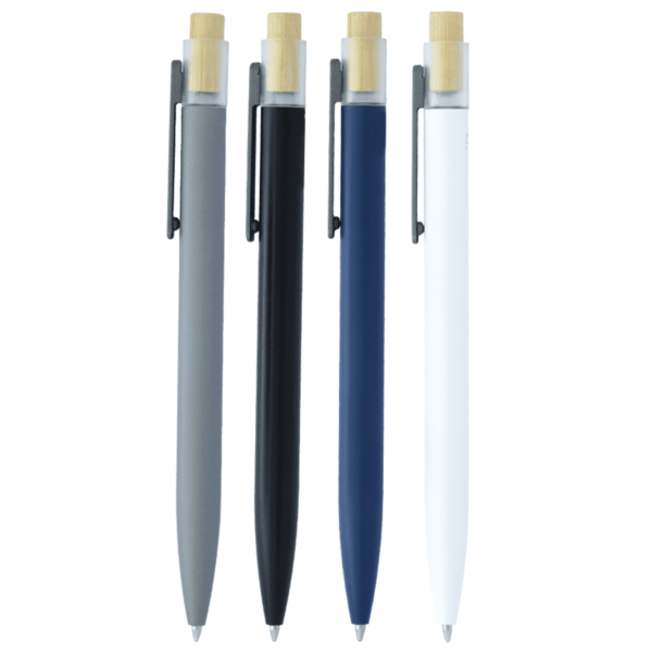 Four ballpoint pens are lined up vertically, each with a wooden clicker. The pens are gray, black, dark blue, and white, with black clips.